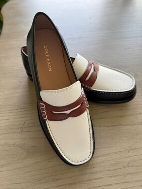 Cole Haan Ecru Black Brown Leather Penny Loafers Grand 360 nwob sz 6